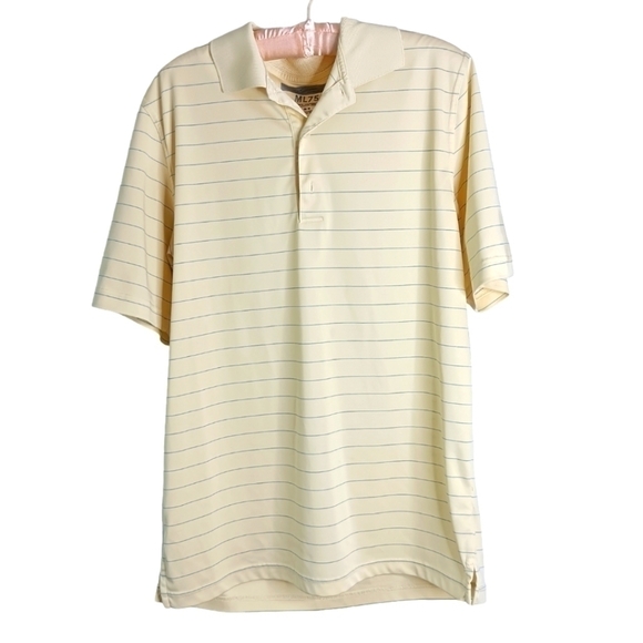 Greg Norman Golf Polo Shirt Medium ML75 Play Dry Yellow Blue Stripe Stretch Logo - Picture 1 of 4
